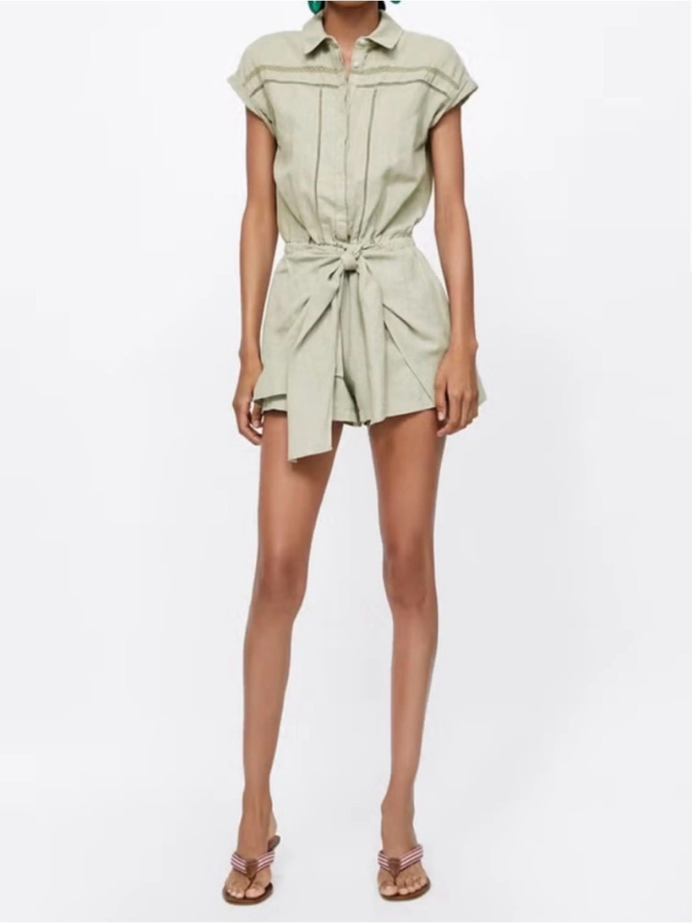Zara Linen-Blend Tie-Waist Romper Skort in Sage Green